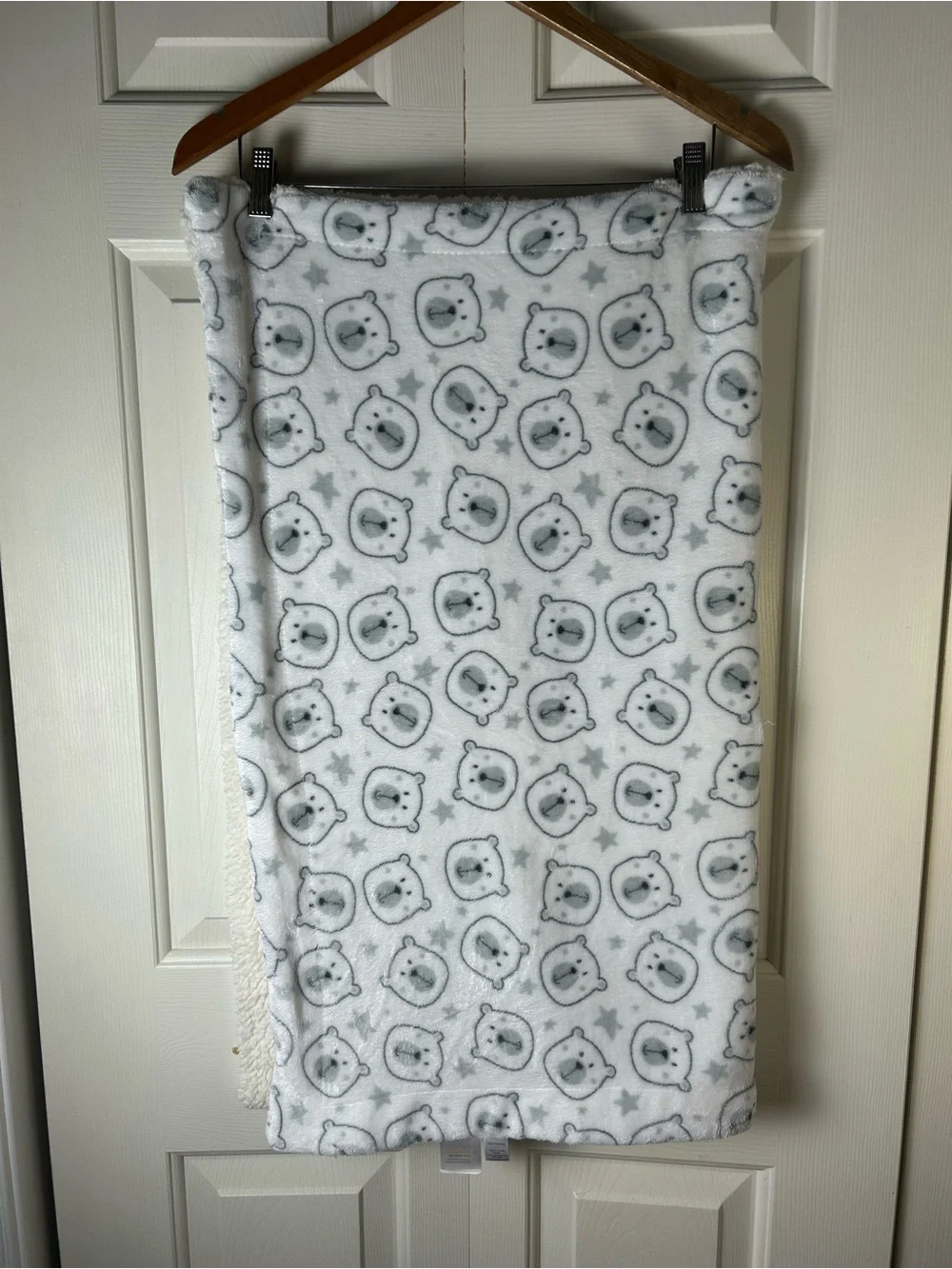 Modern Baby Teddy Bear Face Stars Blanket Gray White Sherpa Security Lovey